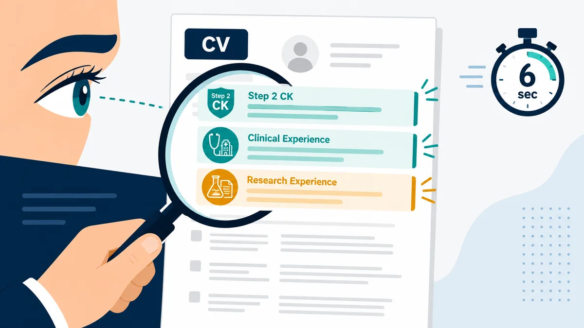 A recruiter scanning a USMLE residency CV with a magnifying glass, highlighting the Step 2 CK score, clinical experience, and research sections within a 6-second scan