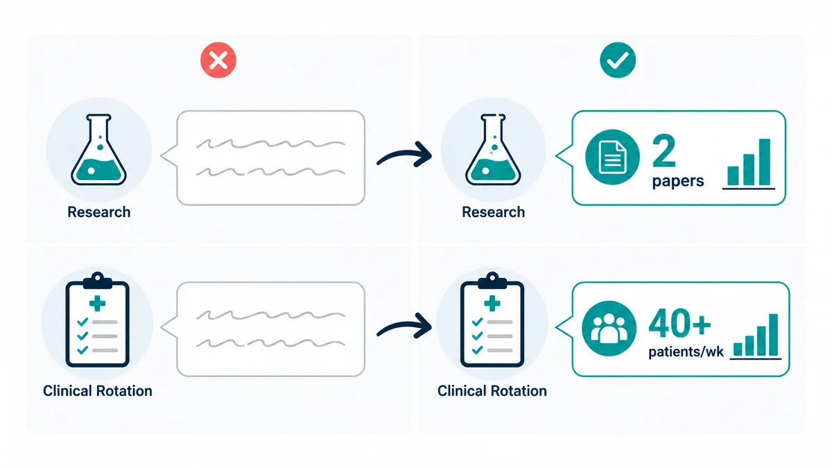 Comparison of weak, vague CV entries versus strong, quantified entries for research and clinical rotations