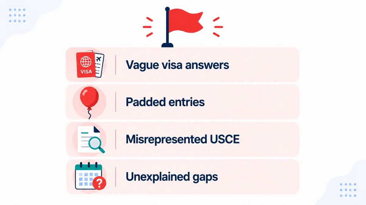 Silent CV screen-out triggers: vague visa answers, padded entries, misrepresented USCE, and unexplained gaps