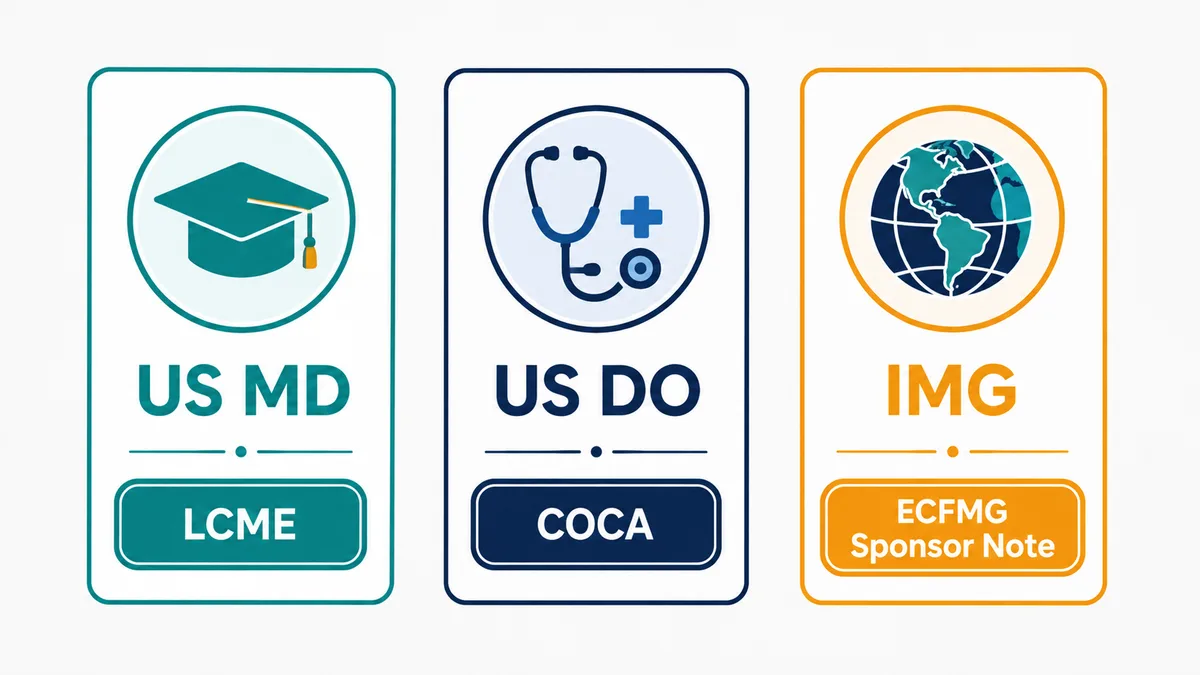 Three USMLE eligibility paths: US MD via LCME, US DO via COCA, and IMG via ECFMG Sponsor Note
