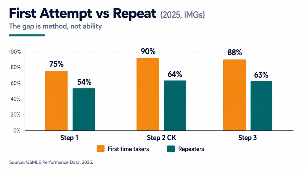 Bar chart comparing first time and repeat pass rates for IMGs across Step 1, Step 2 CK and Step 3 in 2025