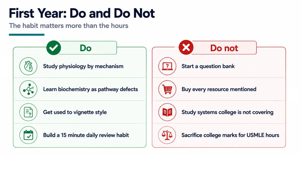 Two column comparison of what to do in first year of MBBS for USMLE preparation versus what to avoid, including starting a question bank too early