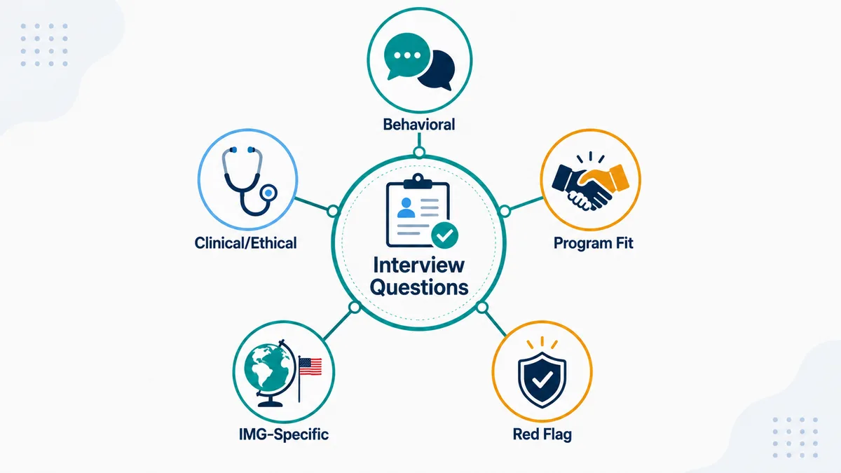 Five categories of residency interview questions radiating from a central hub: behavioral, clinical/ethical, program fit, IMG-specific, and red flag