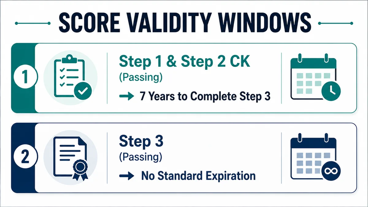 USMLE score validity windows: Step 1 and Step 2 CK passing scores valid 7 years to complete Step 3, Step 3 passing has no standard expiration