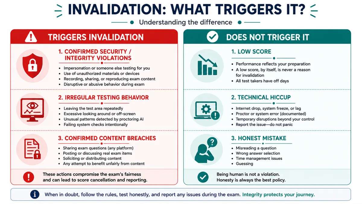 What triggers USMLE score invalidation versus what does not: security violations trigger it, a low score or honest mistake does not