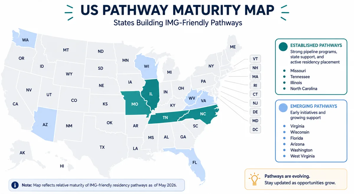 US map of state-level alternative licensing pathways for IMGs, showing established states like Missouri, Tennessee, Illinois, and North Carolina versus emerging states