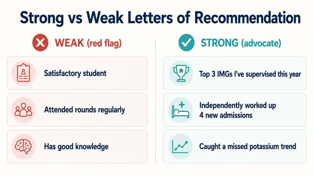 Comparison of weak versus strong letter of recommendation phrasing: weak generic praise like satisfactory student versus strong specific praise like among the top three IMGs I have supervised this year