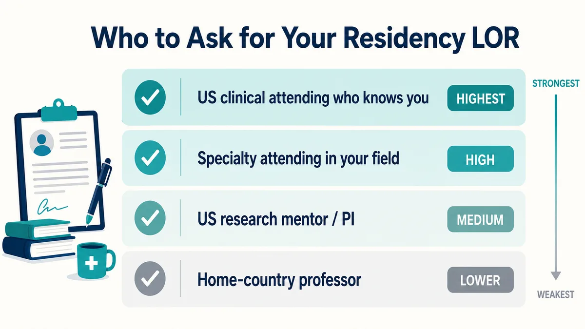 Who to ask for a USMLE letter of recommendation, ranked by weight for IMGs: US clinical attending who knows you (highest), specialty attending in your target field, US research mentor, then home-country professor (lowest)