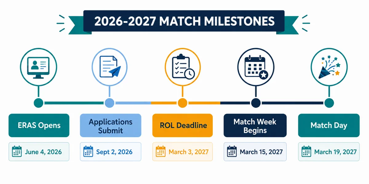 2026-2027 Match milestones timeline from ERAS opening June 4 2026 to Match Day March 19 2027