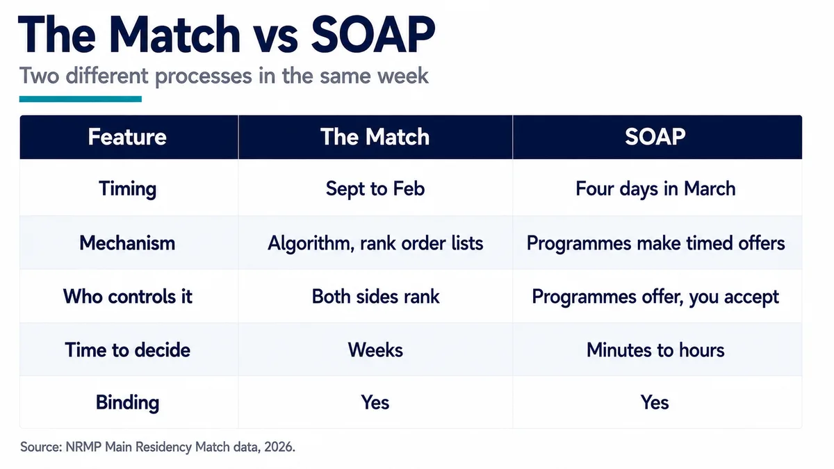Table comparing the Match and SOAP across timing, mechanism, who controls the process, time to decide and whether the outcome is binding