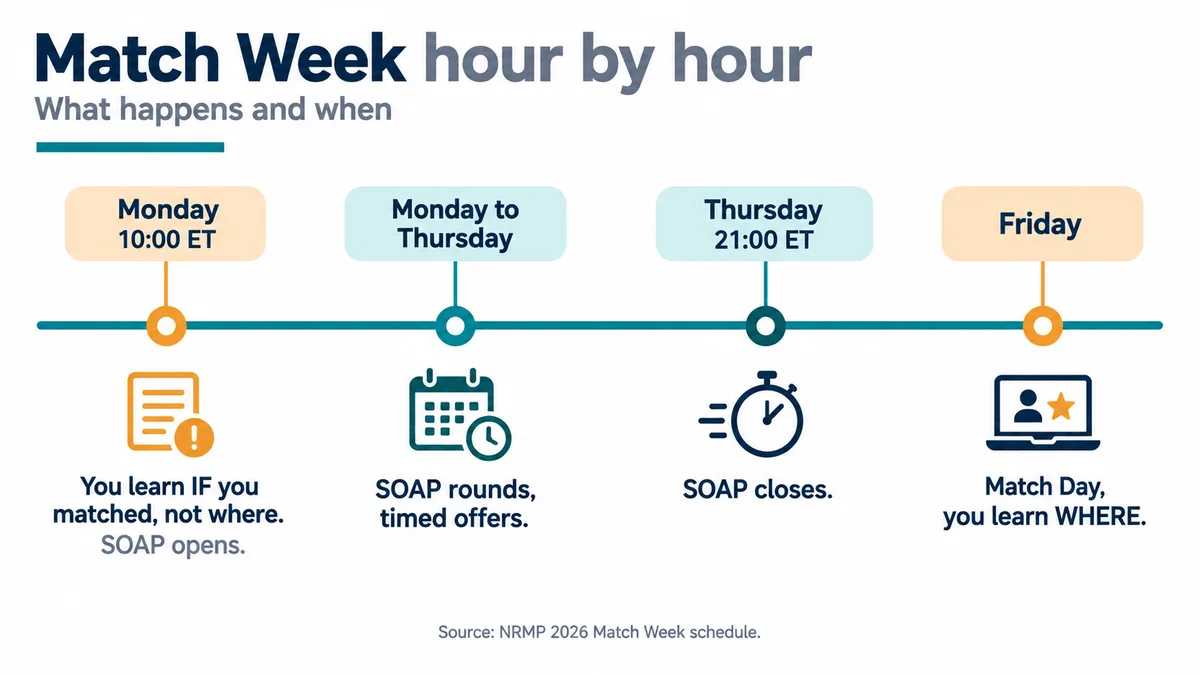 Timeline of Match Week showing Monday 10:00 ET when you learn if you matched and SOAP opens, SOAP rounds Monday to Thursday, SOAP closing Thursday 21:00 ET and Match Day on Friday