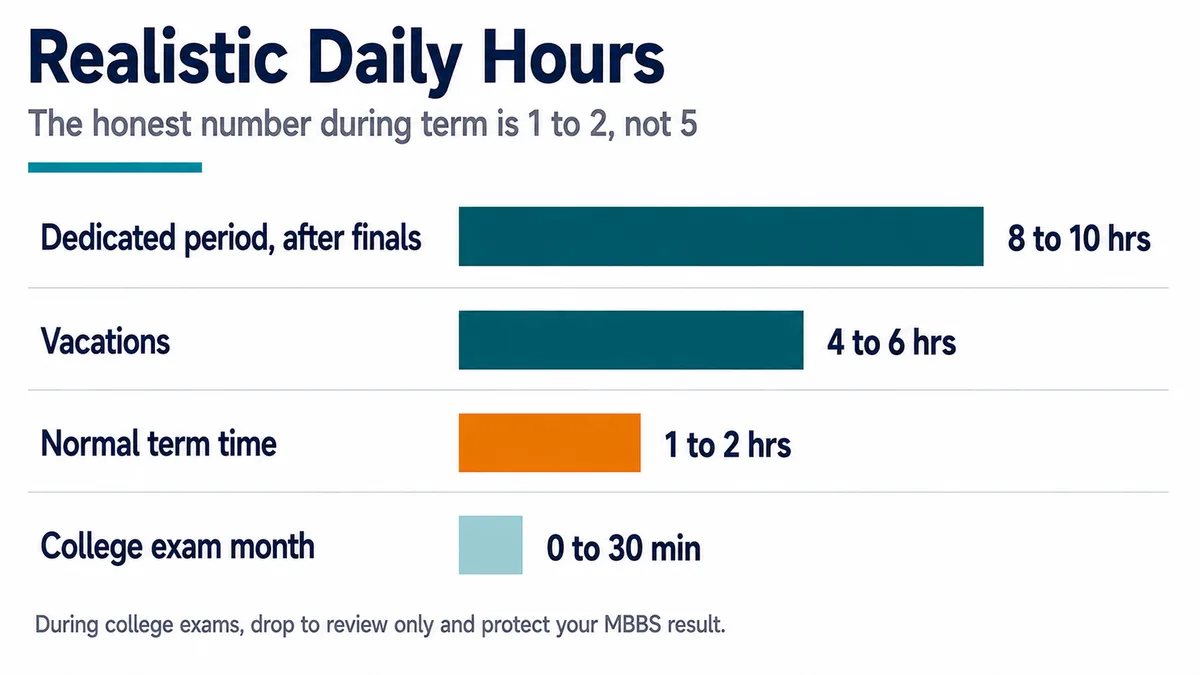 Bar chart of realistic daily USMLE study hours by period: 8 to 10 hours in the dedicated period, 4 to 6 in vacations, 1 to 2 in normal term time and 0 to 30 minutes during college exam months