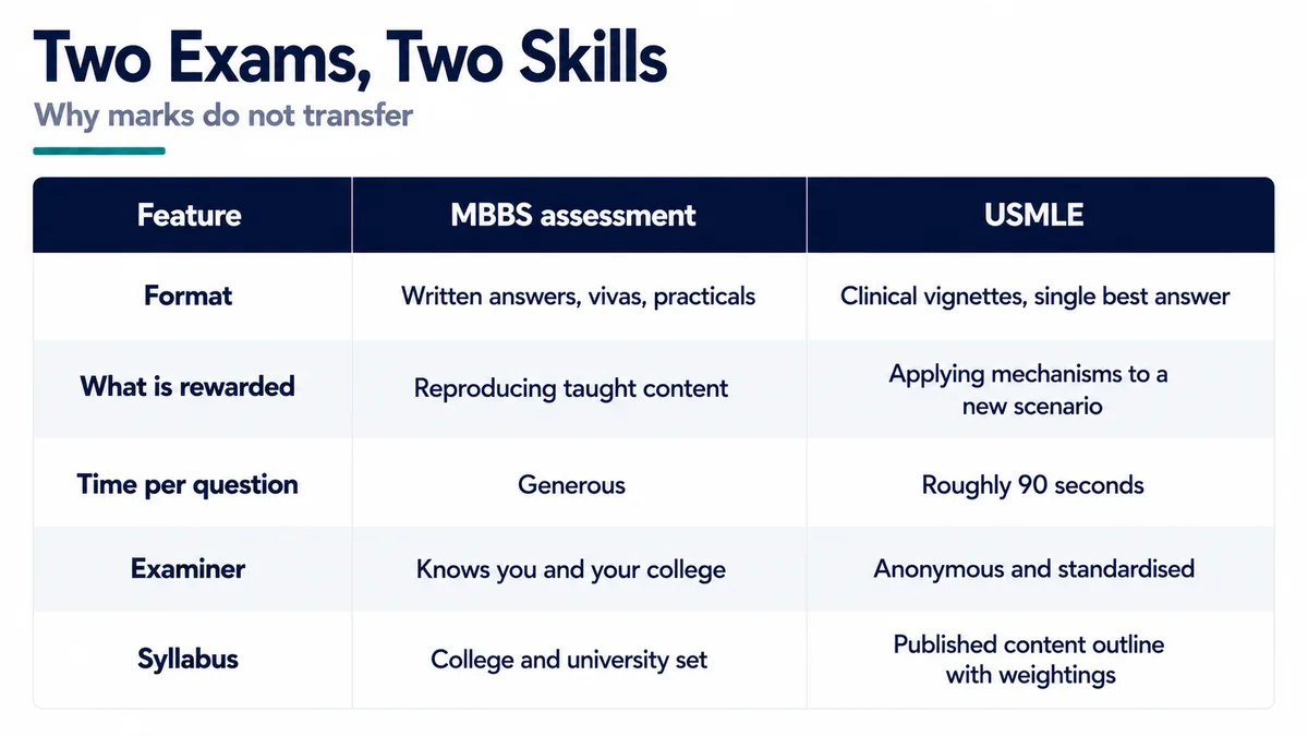 Comparison of what MBBS assessments reward against what the USMLE rewards, showing recall versus applied clinical reasoning under time pressure