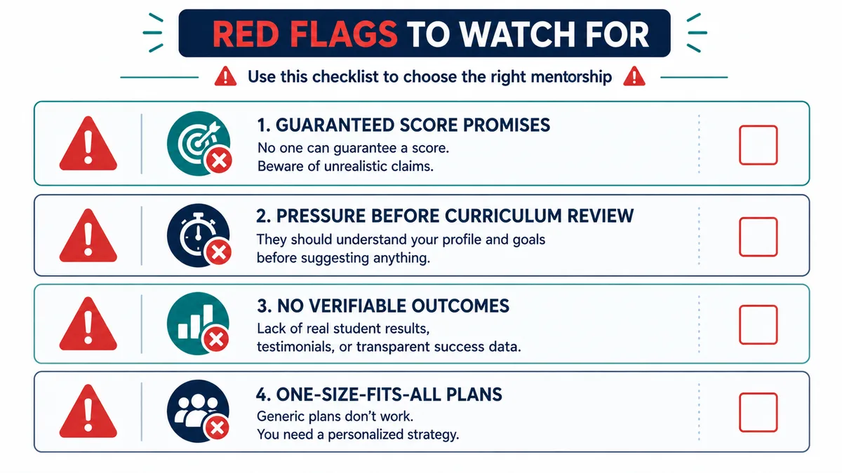 Four red flags to watch for in USMLE mentorship programs: guaranteed score promises, pressure before curriculum review, no verifiable outcomes, one-size-fits-all plans