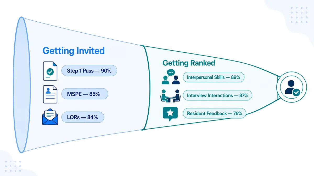 Two-stage funnel showing the factors that get an applicant invited to interview versus the factors that determine rank position afterward