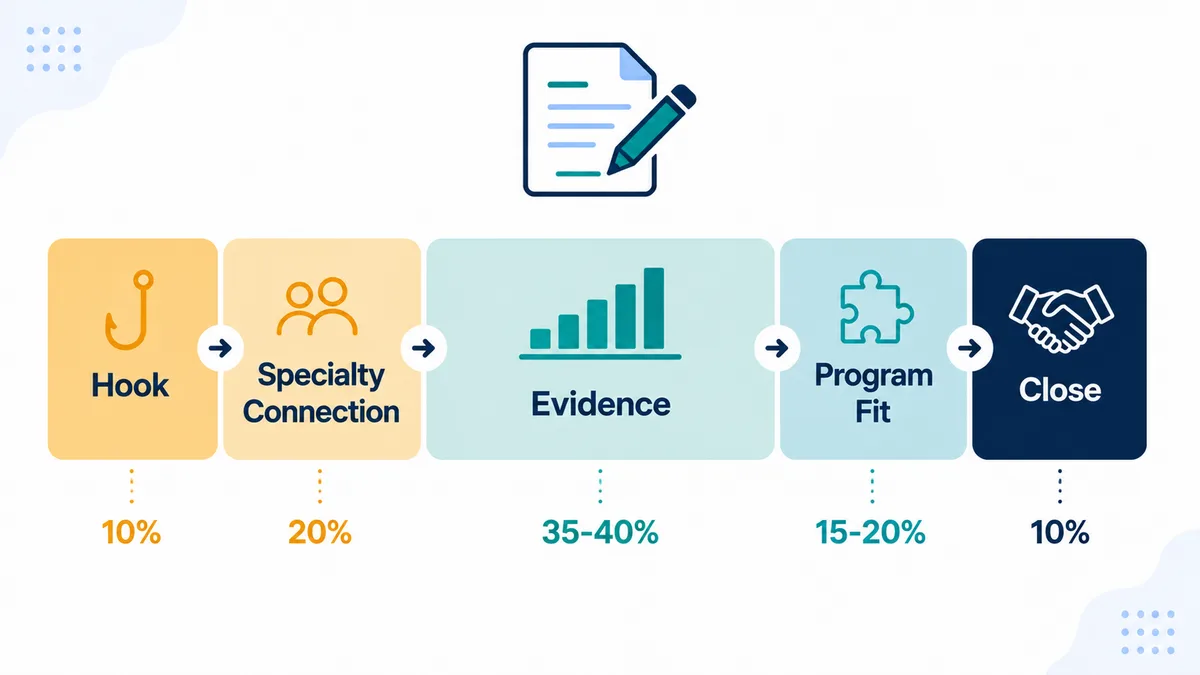 Five-part personal statement structure: hook, specialty connection, evidence, program fit, and close, with share of essay for each