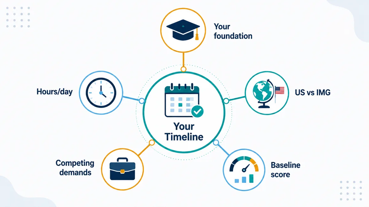 Five factors that affect your USMLE Step 1 preparation timeline: your foundation, hours per day, US vs IMG status, competing demands, and baseline score