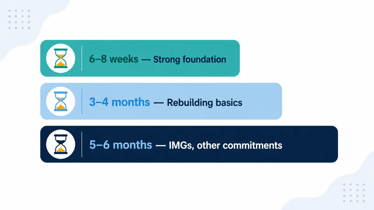 Typical USMLE Step 1 preparation timelines: 6-8 weeks, 3-4 months, or 5-6 months depending on your starting point