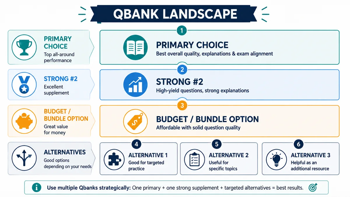 USMLE Qbank landscape ranked from primary choice through strong number two, budget bundle option, and three alternatives
