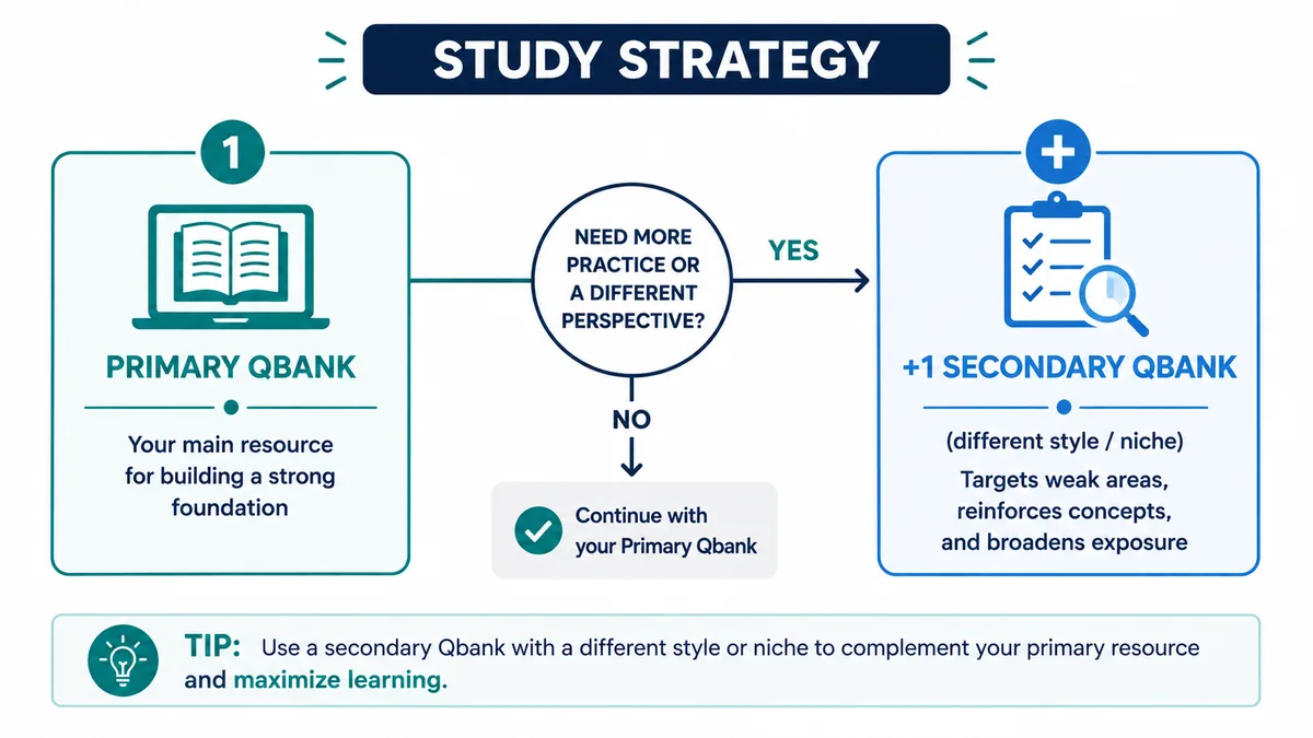USMLE Qbank study strategy flow: primary Qbank plus an optional secondary Qbank for extra practice or a different perspective