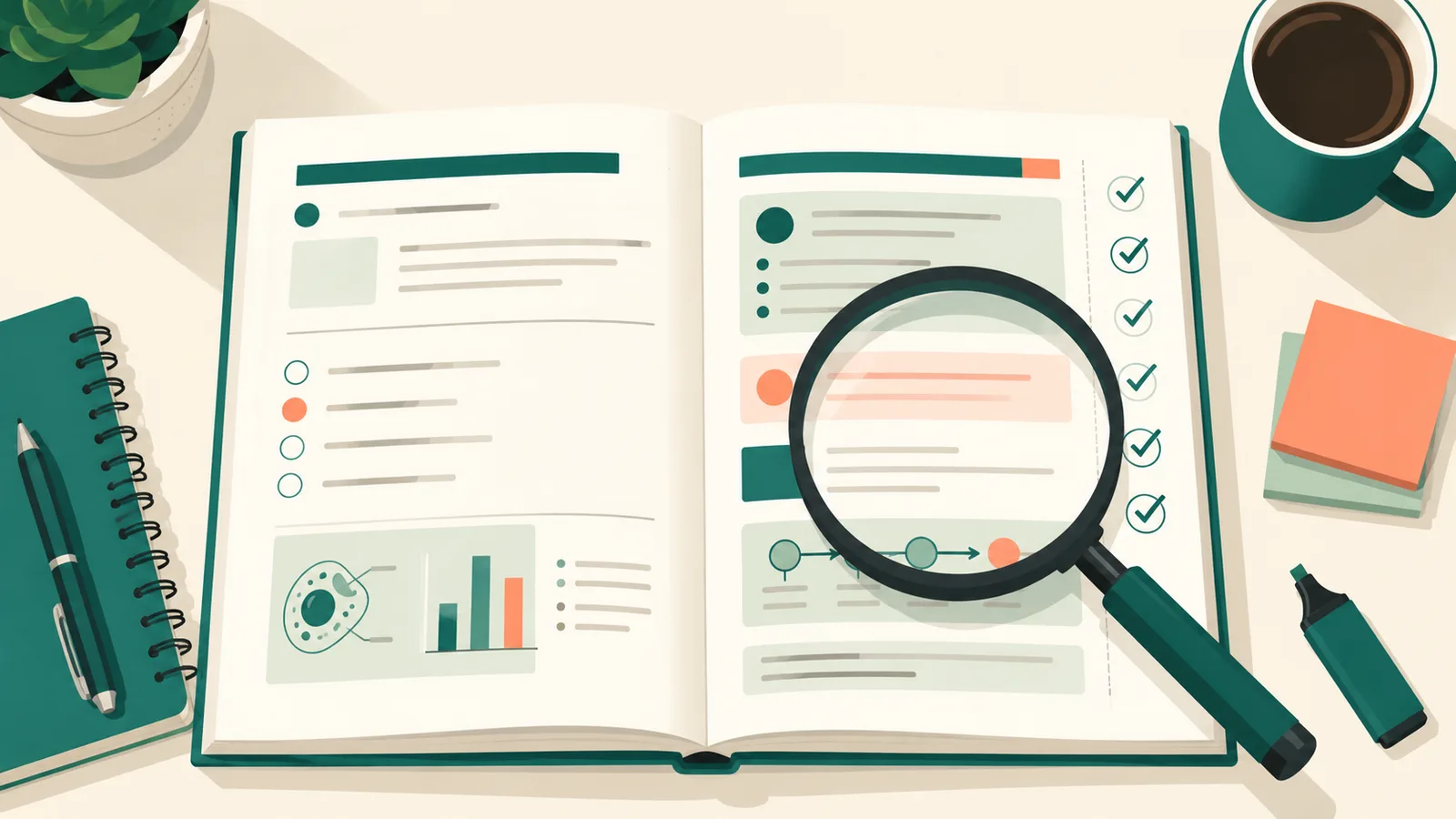 Open question-bank explanation page under a magnifying glass with green checkmarks, illustrating reading every Qbank explanation