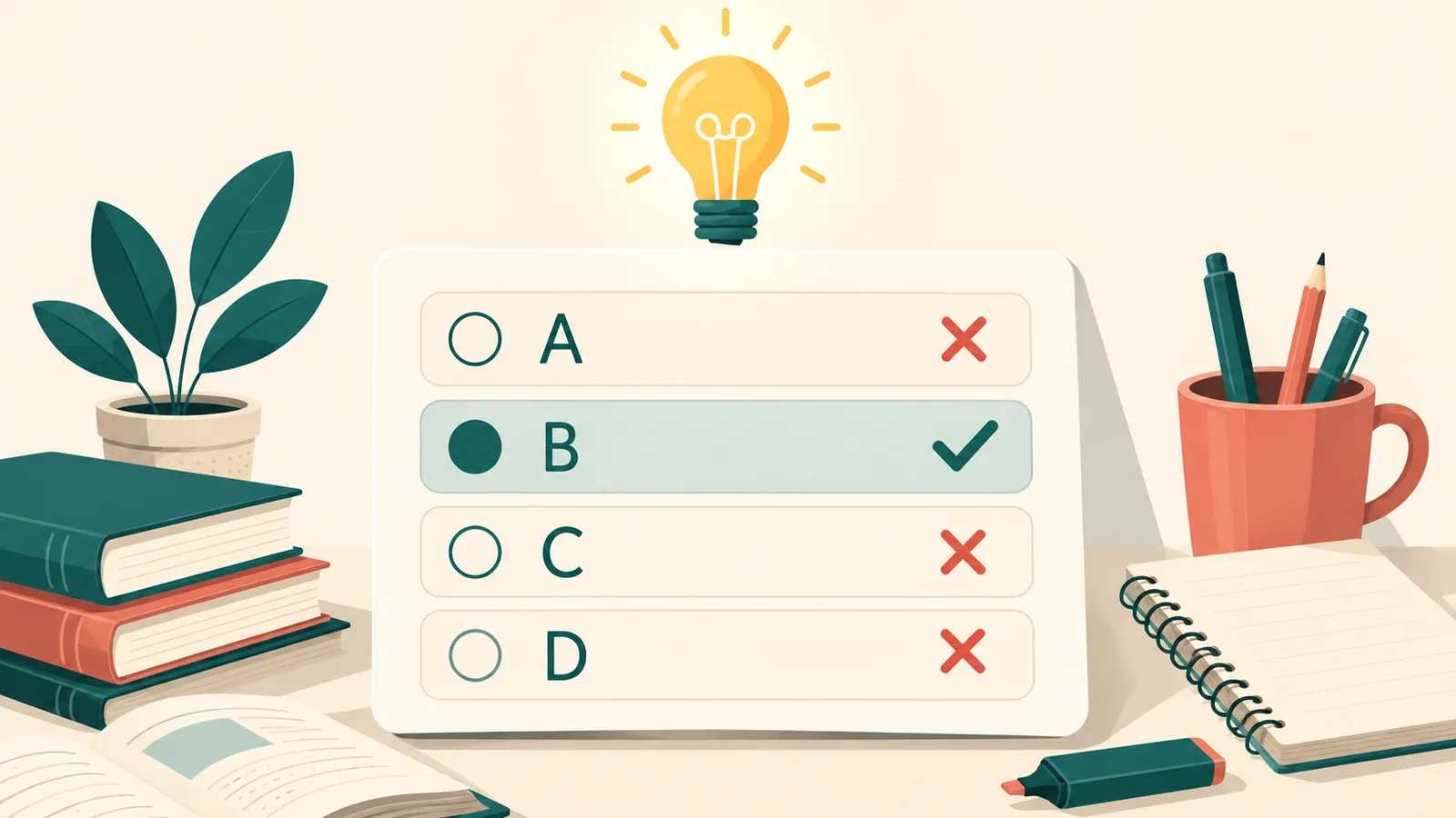 A multiple-choice answer card with one option correct and the others marked wrong, a lightbulb above, illustrating learning from the distractors