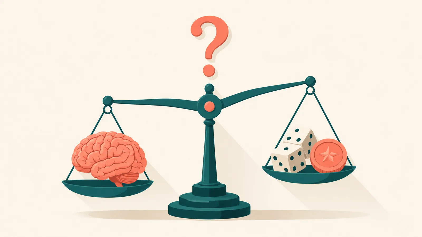 A balance scale weighing a brain against dice and a coin with a question mark, illustrating auditing your lucky guesses