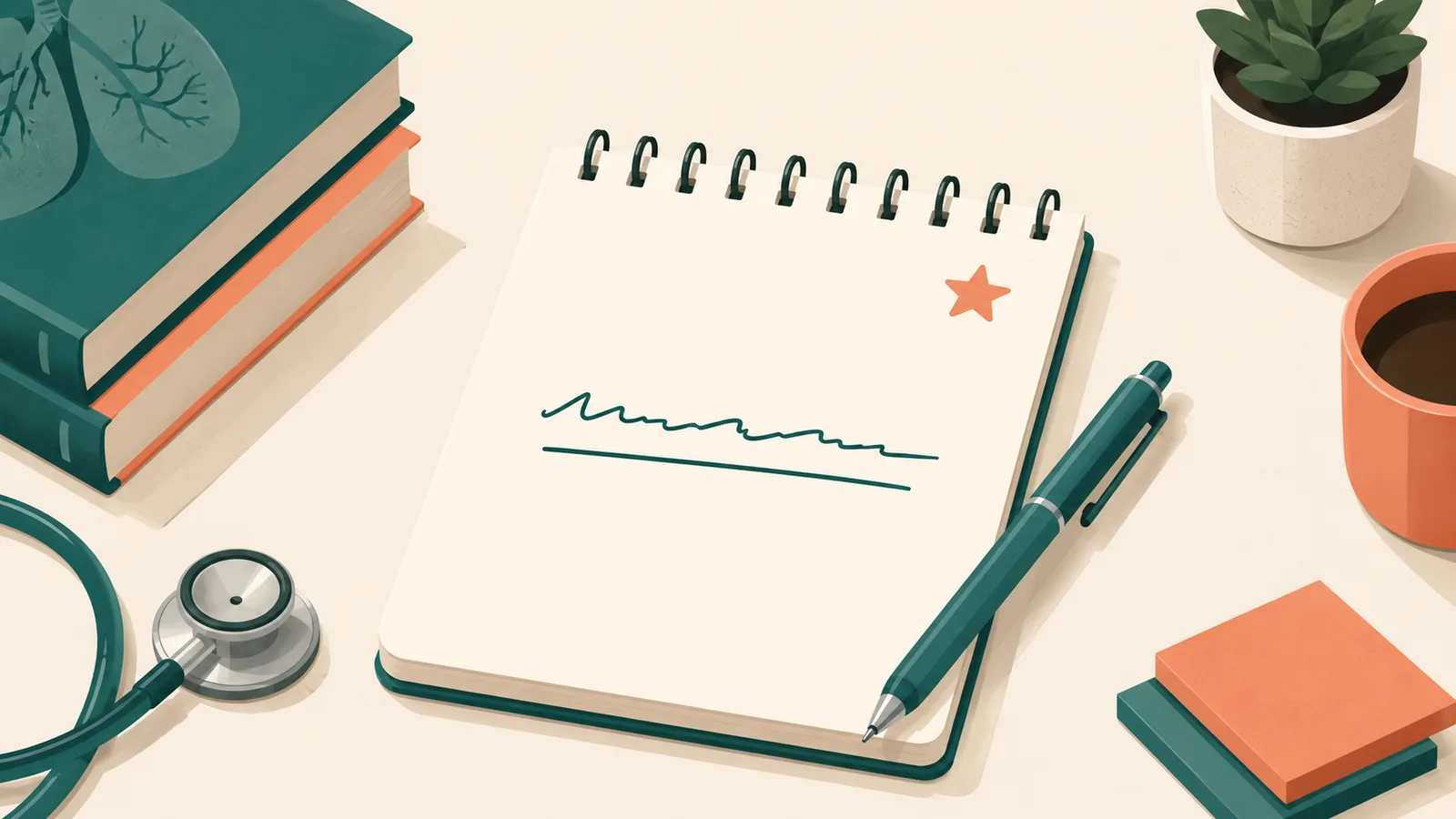 A notepad with a single underlined takeaway line and a pen, illustrating writing one sentence per missed question
