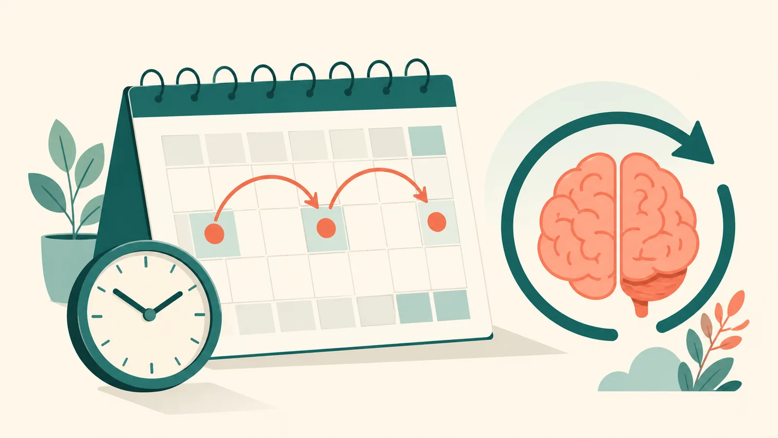 A calendar with looping arrows, a clock, and a brain refresh icon, illustrating spacing your Qbank review 48 to 72 hours apart