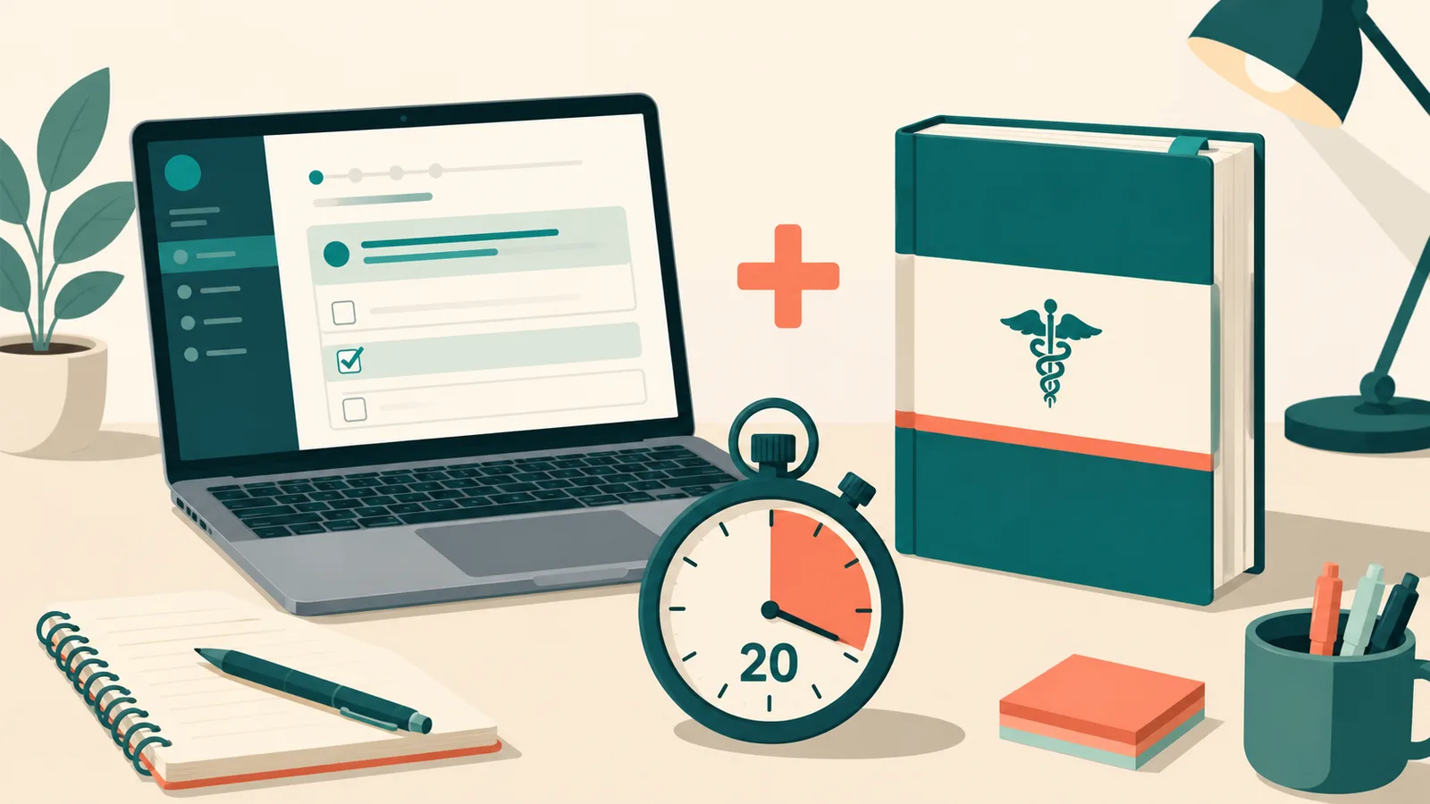 A laptop question bank beside a review book and a 20-minute stopwatch, illustrating the 20-minute First Aid rule after each block