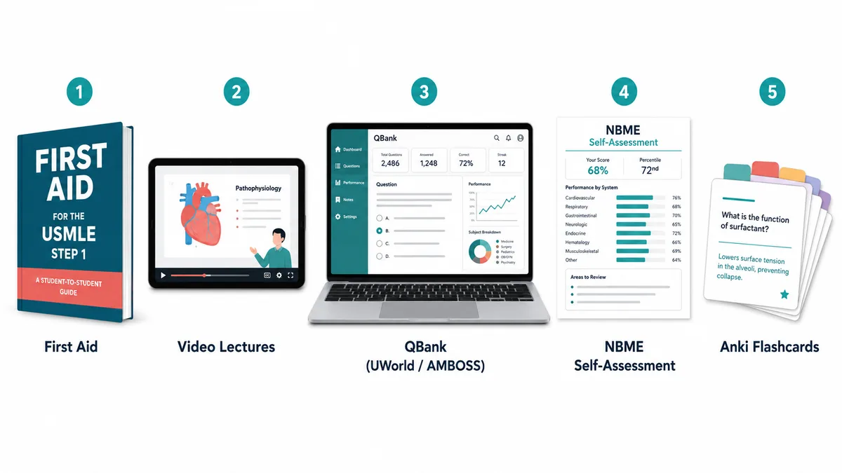 The Golden Five USMLE Step 1 resources - First Aid, video lectures, a QBank such as UWorld or AMBOSS, NBME self-assessments and Anki flashcards