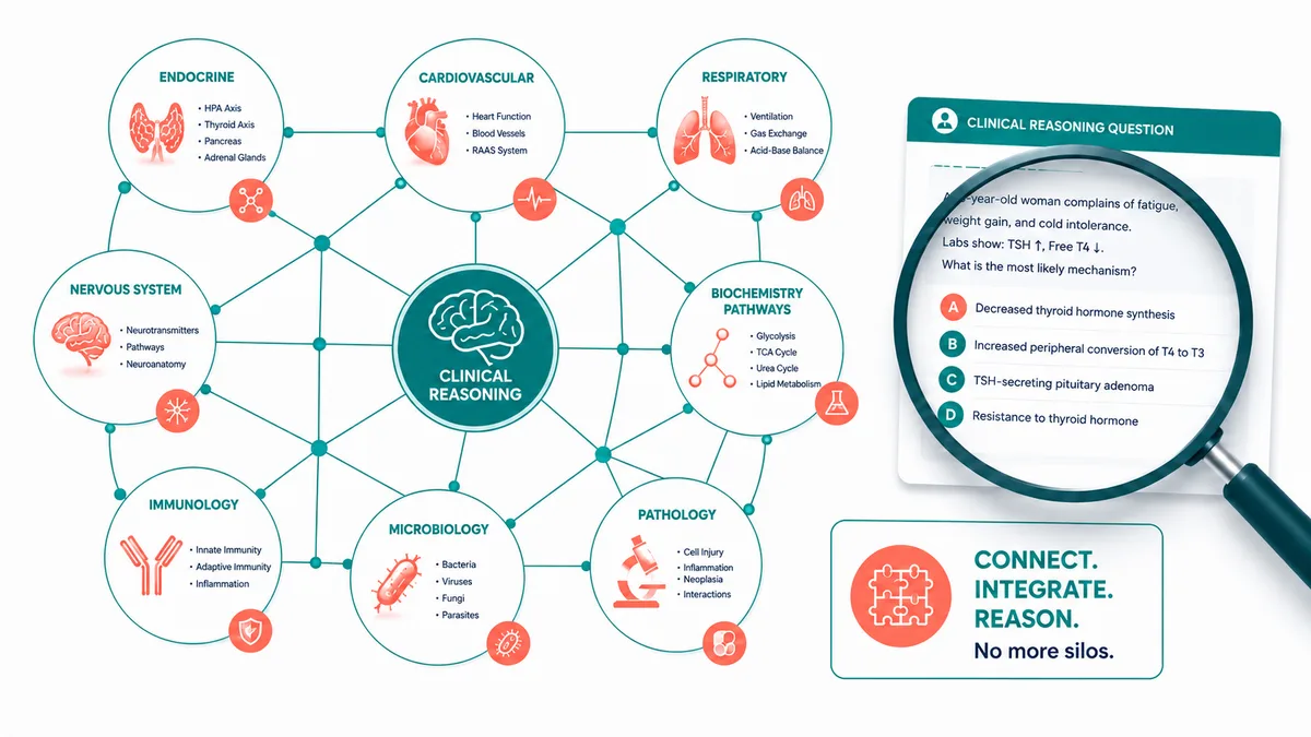 USMLE Step 1 study plan phase 2, deepening integration and clinical reasoning in months 3 and 4 by connecting biochemistry, endocrine and pharmacology systems
