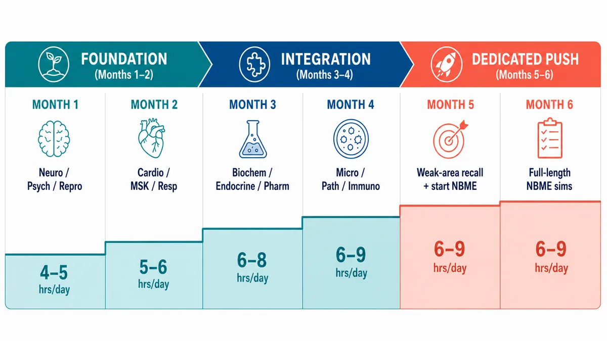 Six-month USMLE Step 1 study plan timeline showing three phases - foundation in months 1 to 2, integration in months 3 to 4, and the dedicated push in months 5 to 6 - with daily study hours rising from 4 to 5 up to 6 to 9 and the subjects and NBME self-assessments scheduled each month