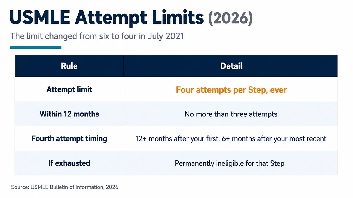 Table of USMLE attempt limits showing four attempts per Step, no more than three within 12 months, and fourth attempt timing requirements