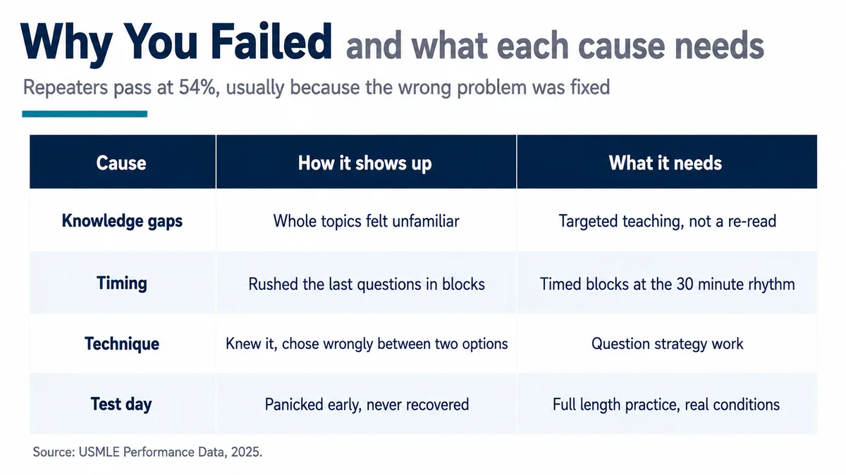 Table matching four causes of Step 1 failure, knowledge gaps, timing, technique and test day conditions, to how each shows up and what each one needs