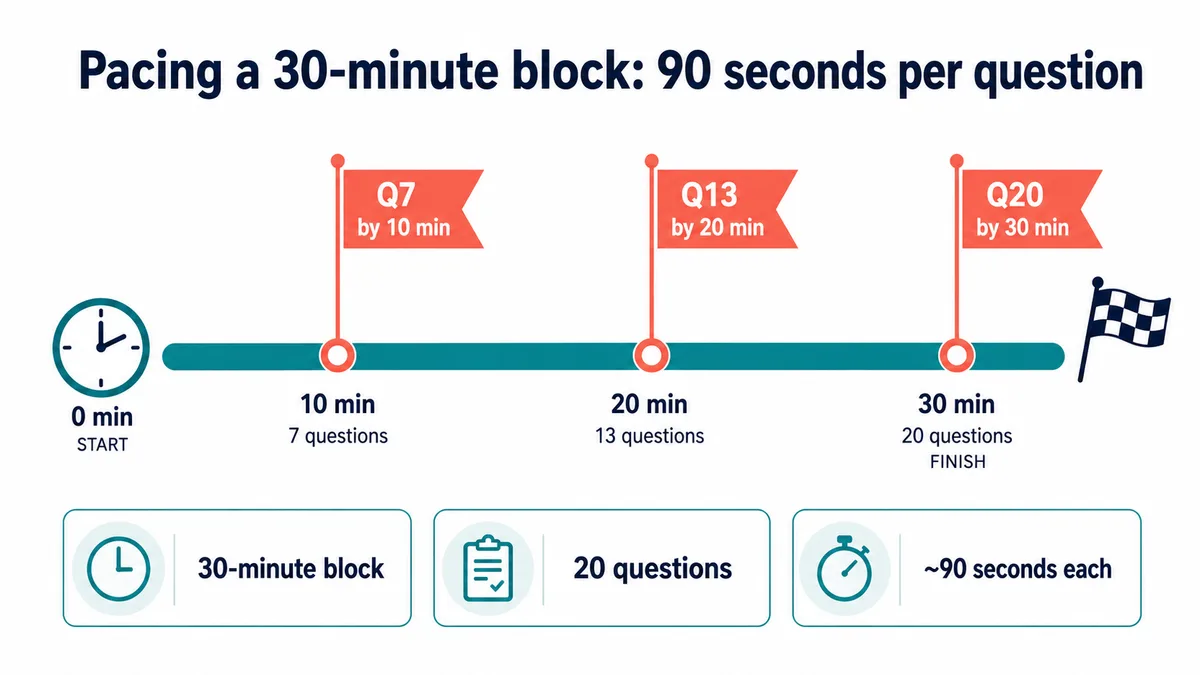 USMLE Step 2 CK 30-minute block pacing strategy at 90 seconds per question with checkpoints at question 7 by 10 minutes, question 13 by 20 minutes, and question 20 by 30 minutes
