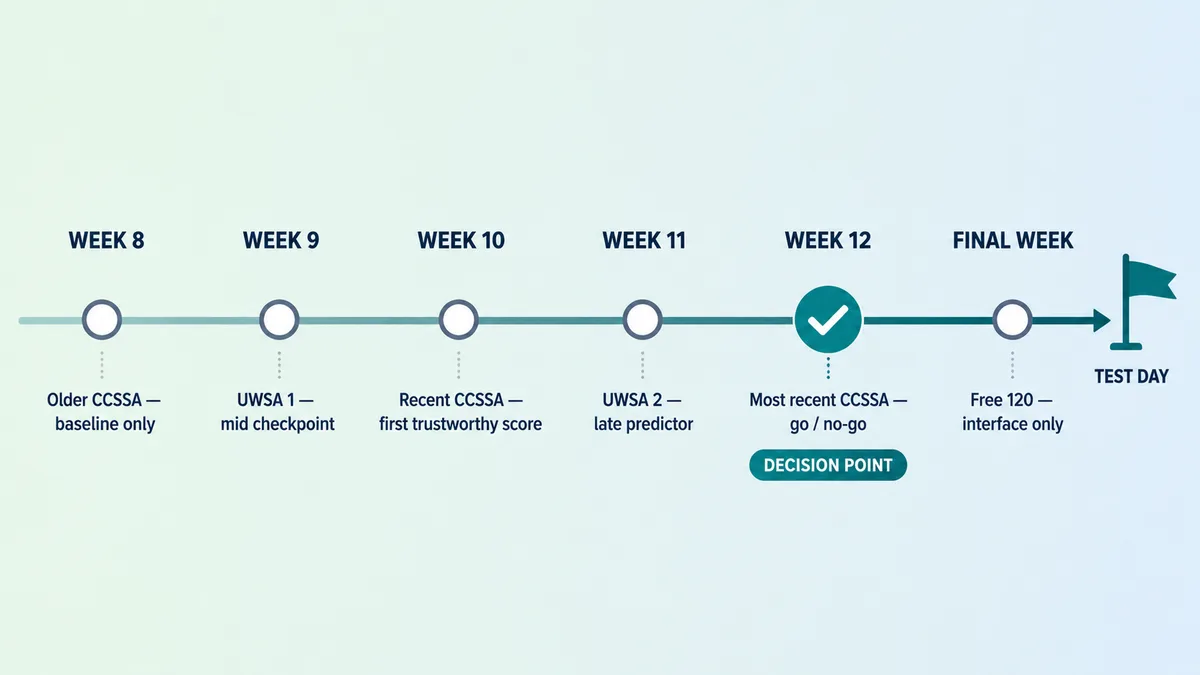 USMLE Step 2 CK self-assessment schedule from week 8 to test day: baseline CCSSA, UWSA 1, a recent CCSSA, UWSA 2, the final CCSSA as the go or no-go decision point, and the Free 120 in the final week
