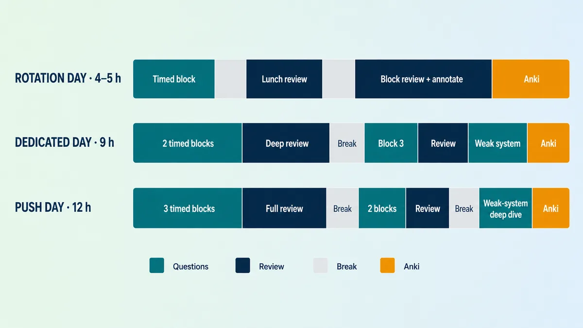 Three USMLE Step 2 CK study day structures compared hour by hour: a 4 to 5 hour rotation day, a 9-hour dedicated day and a 12-hour push day, showing question, review, break and Anki blocks