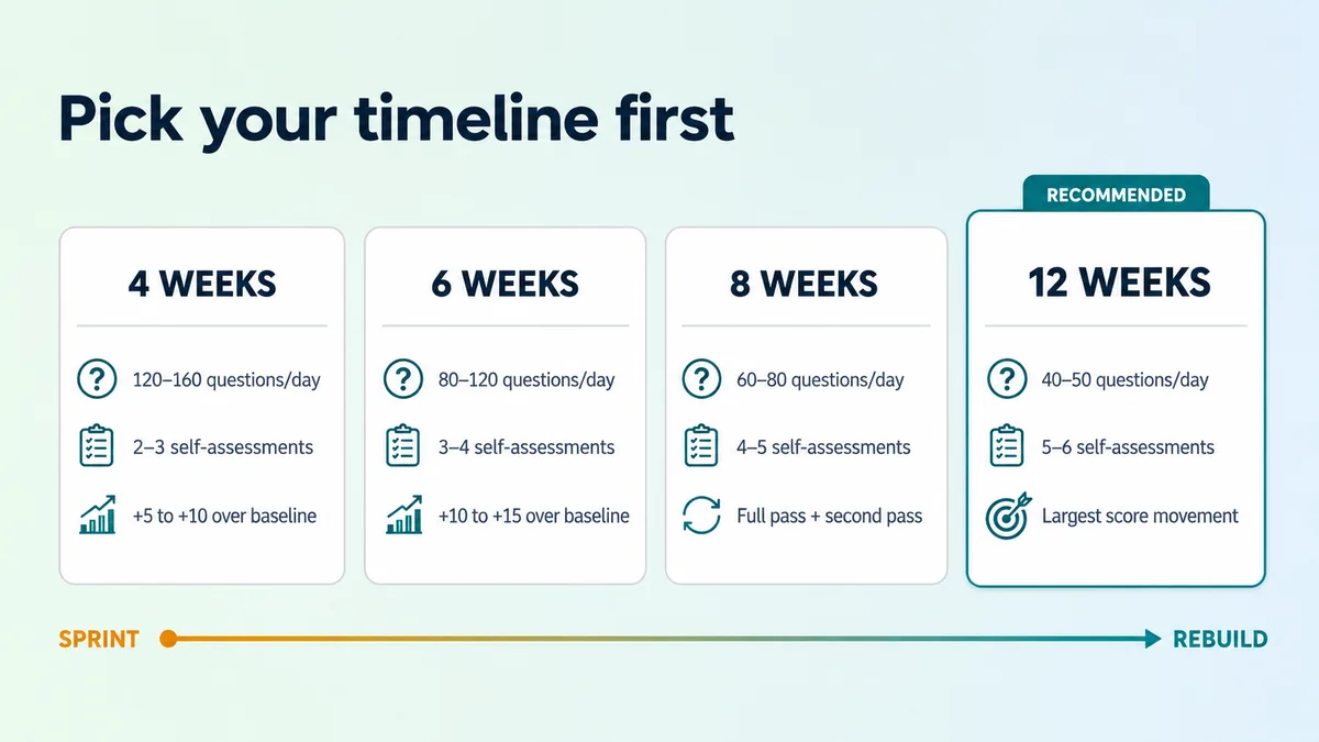 USMLE Step 2 CK study plan timeline comparison: 4, 6, 8 and 12-week schedules with questions per day, number of self-assessments and realistic score movement for each