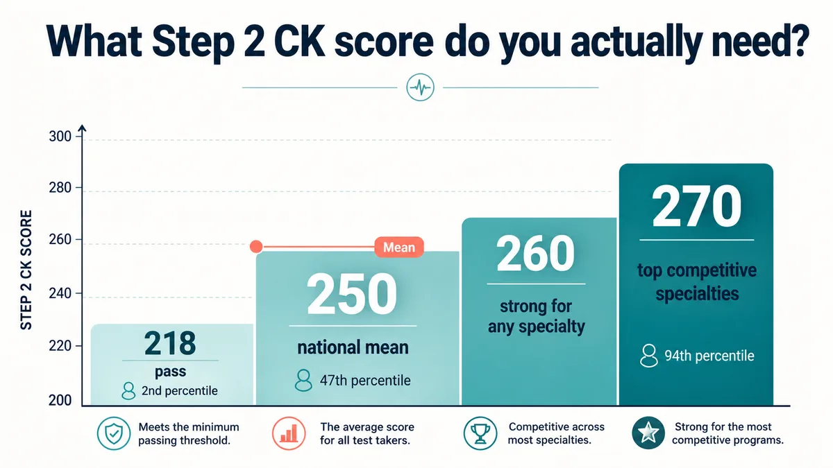 USMLE Step 2 CK score to percentile ladder showing 218 as the passing score at the 2nd percentile, 250 as the national mean at the 47th percentile, 260 as strong for any specialty, and 270 at the 94th percentile for top competitive specialties