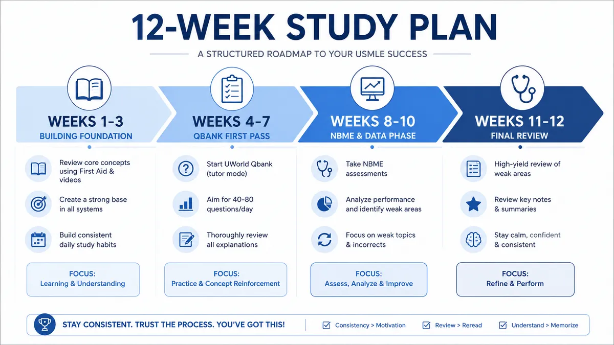 USMLE Step 2 CK 12-week study plan overview infographic showing four phases: Weeks 1-3 building the foundation, Weeks 4-7 QBank first pass, Weeks 8-10 NBME and data phase, and Weeks 11-12 final review