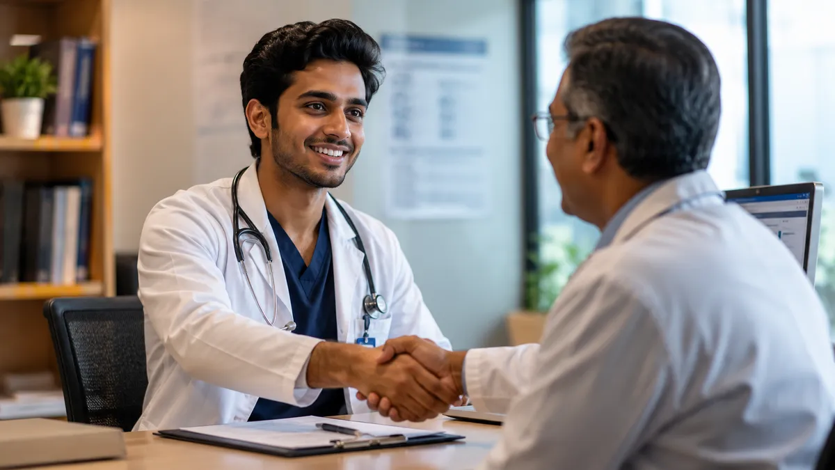 Confident medical resident shaking hands with a senior program director during a residency interview, illustrating the impact of a strong USMLE Step 2 CK score