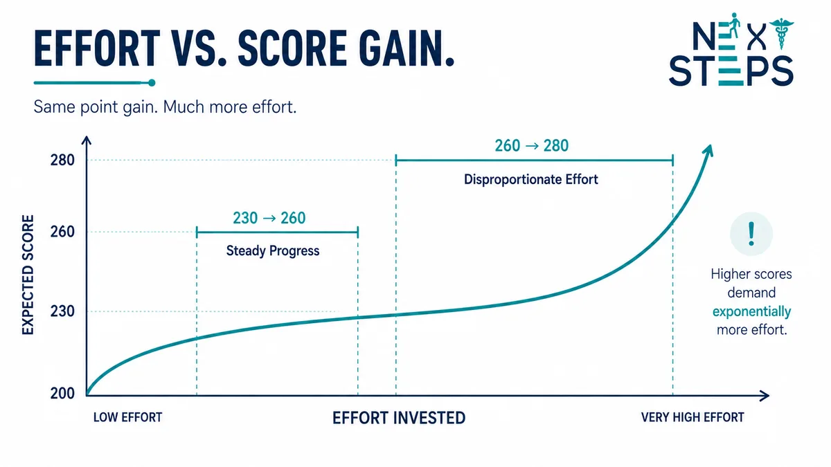 Effort versus score gain on USMLE Step 2 CK: the climb from 260 to 280 demands disproportionately more effort than the climb from 230 to 260