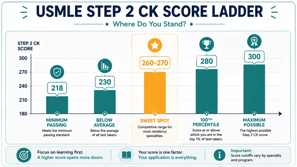 USMLE Step 2 CK score ladder: 218 minimum passing, 230 below average, 260 to 270 the competitive sweet spot, 280 the 100th percentile, 300 the maximum possible