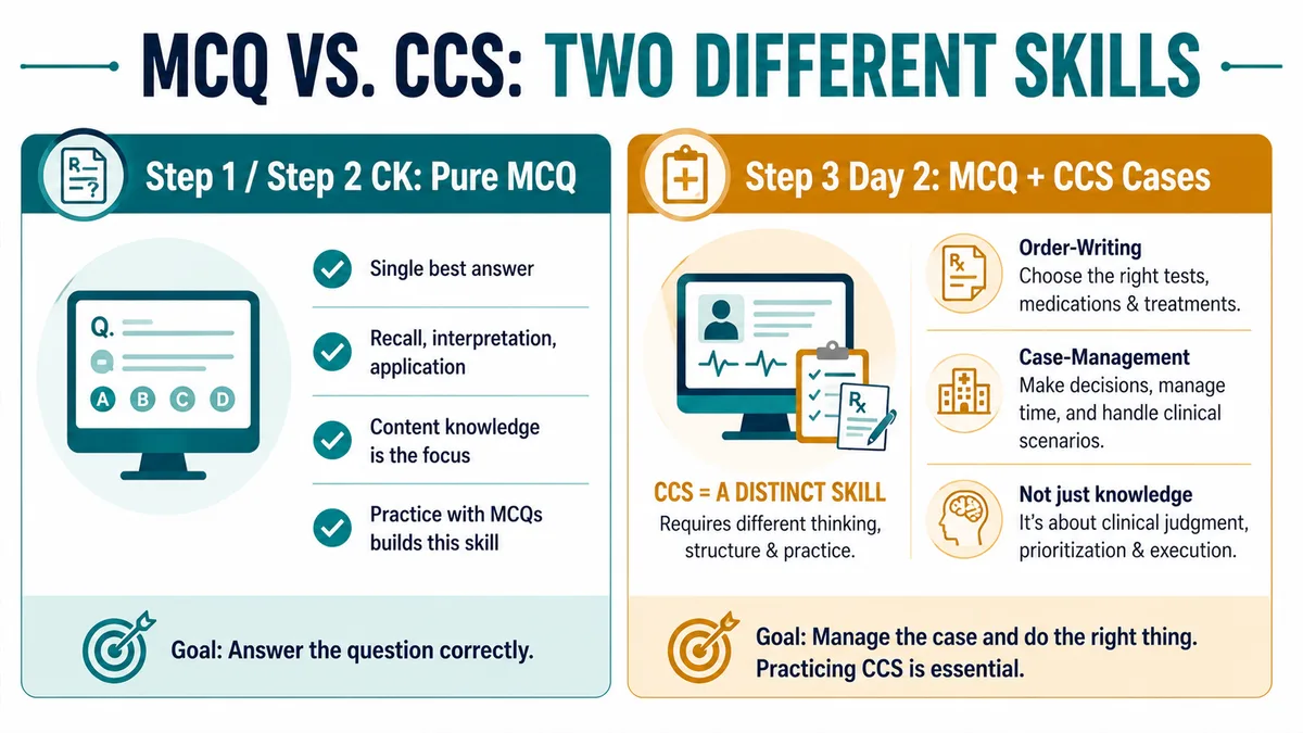 MCQ versus CCS on USMLE Step 3: Step 1 and Step 2 CK are pure MCQ, Step 3 Day 2 adds CCS cases requiring order-writing and case-management as a distinct skill