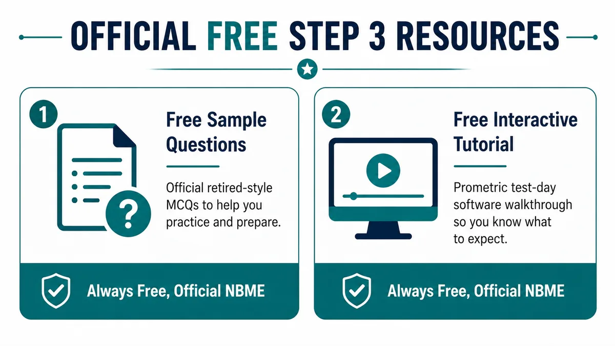 Official free USMLE Step 3 resources from NBME: free sample test questions and a free interactive tutorial for the real test-day interface