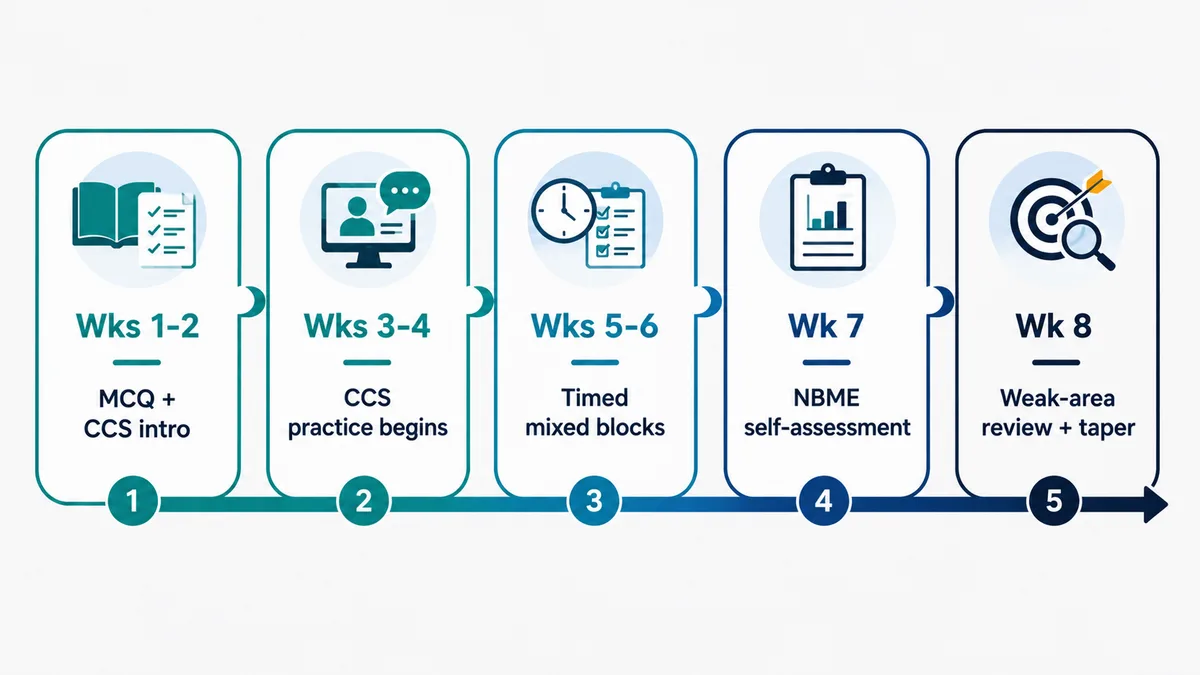 Eight-week USMLE Step 3 study schedule broken into five phases from MCQ and CCS introduction to final taper