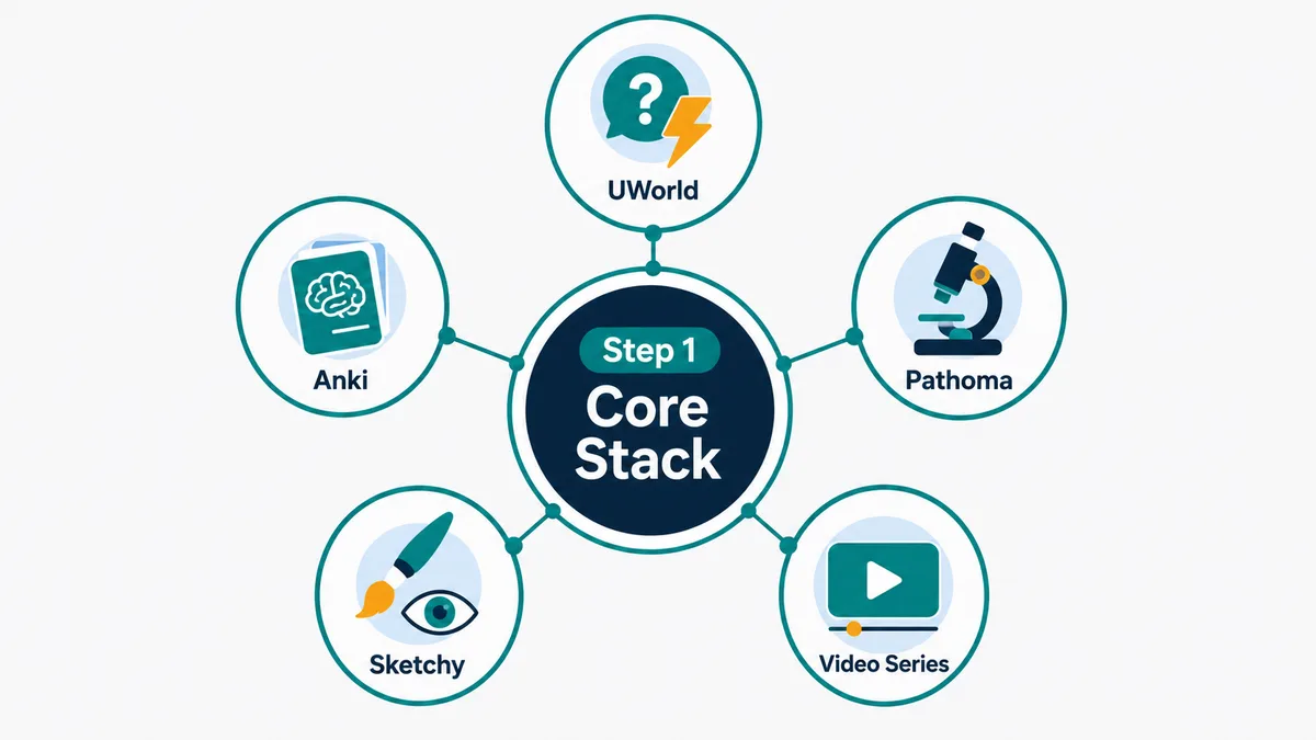The Step 1 core resource stack: UWorld, Anki, Pathoma, Sketchy, and a video series