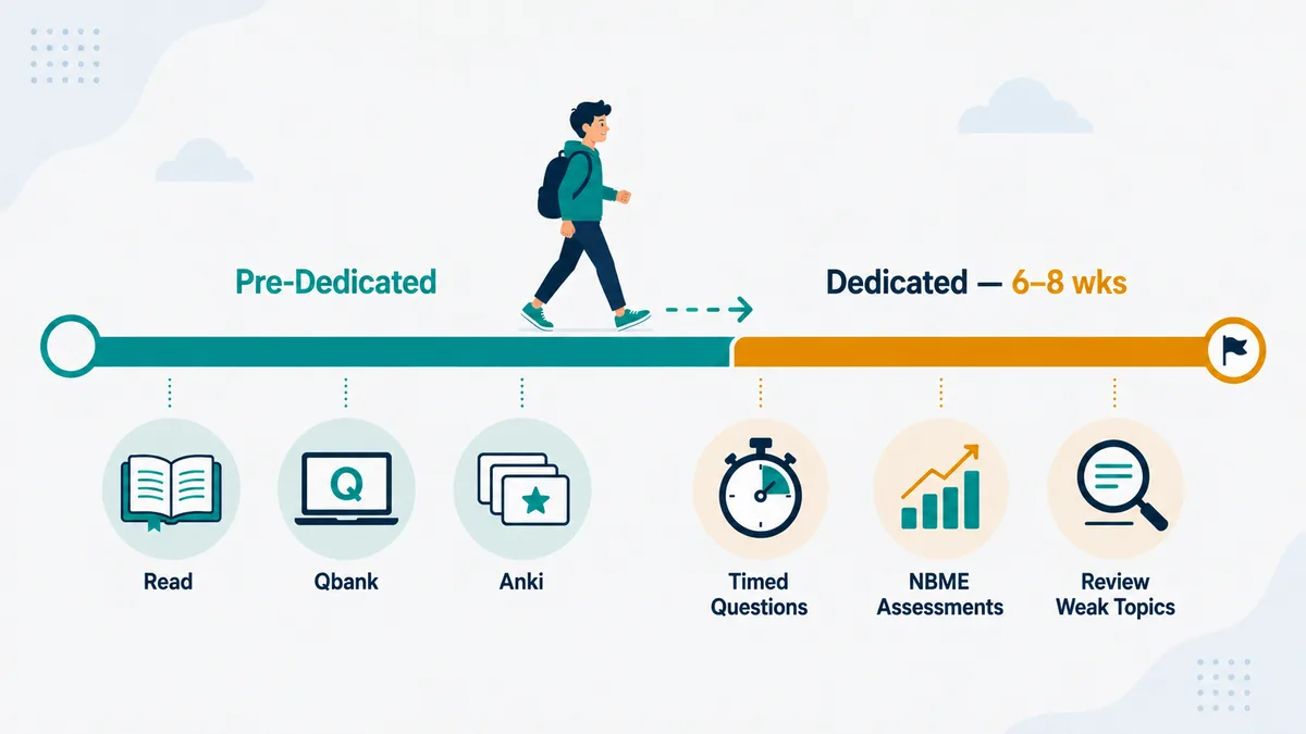 Timeline showing the pre-dedicated and dedicated phases of a USMLE Step 1 study schedule