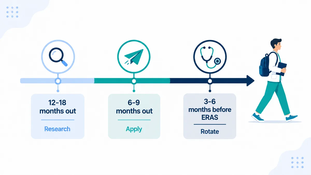 USCE planning timeline: research 12-18 months out, apply 6-9 months out, rotate 3-6 months before ERAS